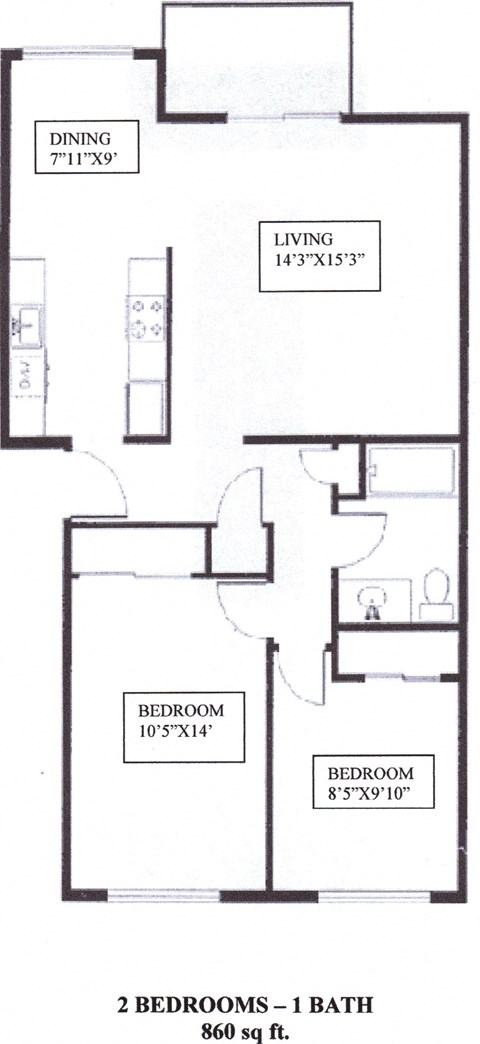Floor plan for 2 beds, 1 bath, 853 sqft